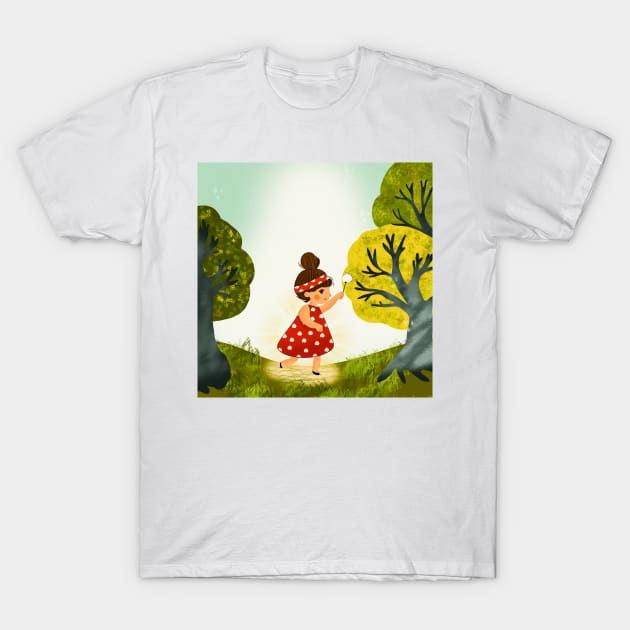 Enchanted Dreams: A Girl's Journey in the Magic Forest T-Shirt by IstoriaDesign